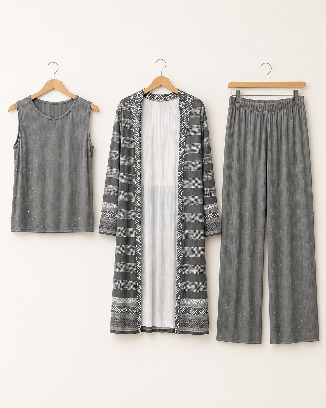 Three-piece -Embellished Shirt, Trouser And Cardigan Set -Grey