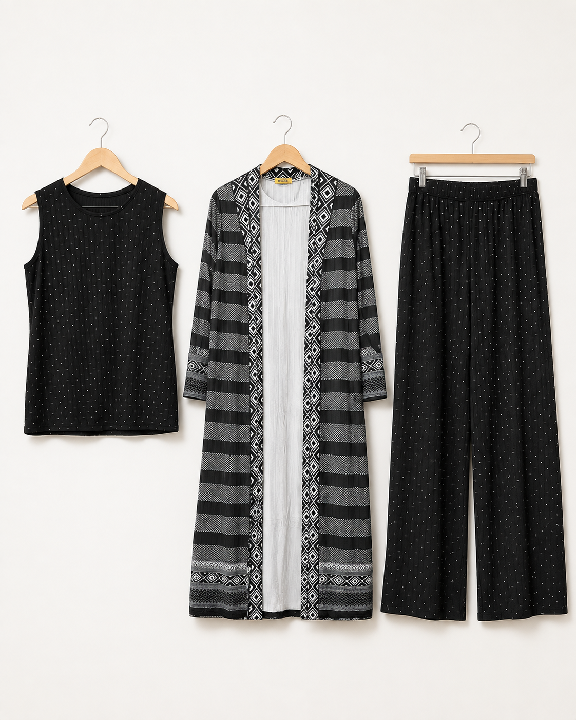 Three-piece -Embellished Shirt, Trouser And Cardigan Set -Black