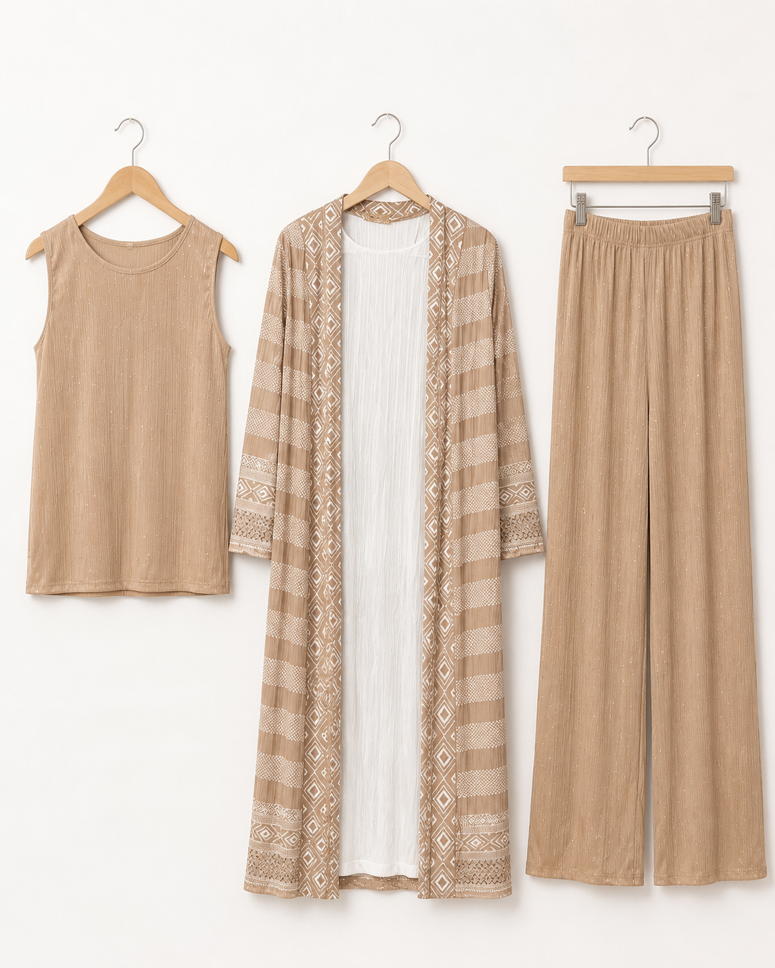 Three-piece -Embellished Shirt, Trouser And Cardigan Set -Tan
