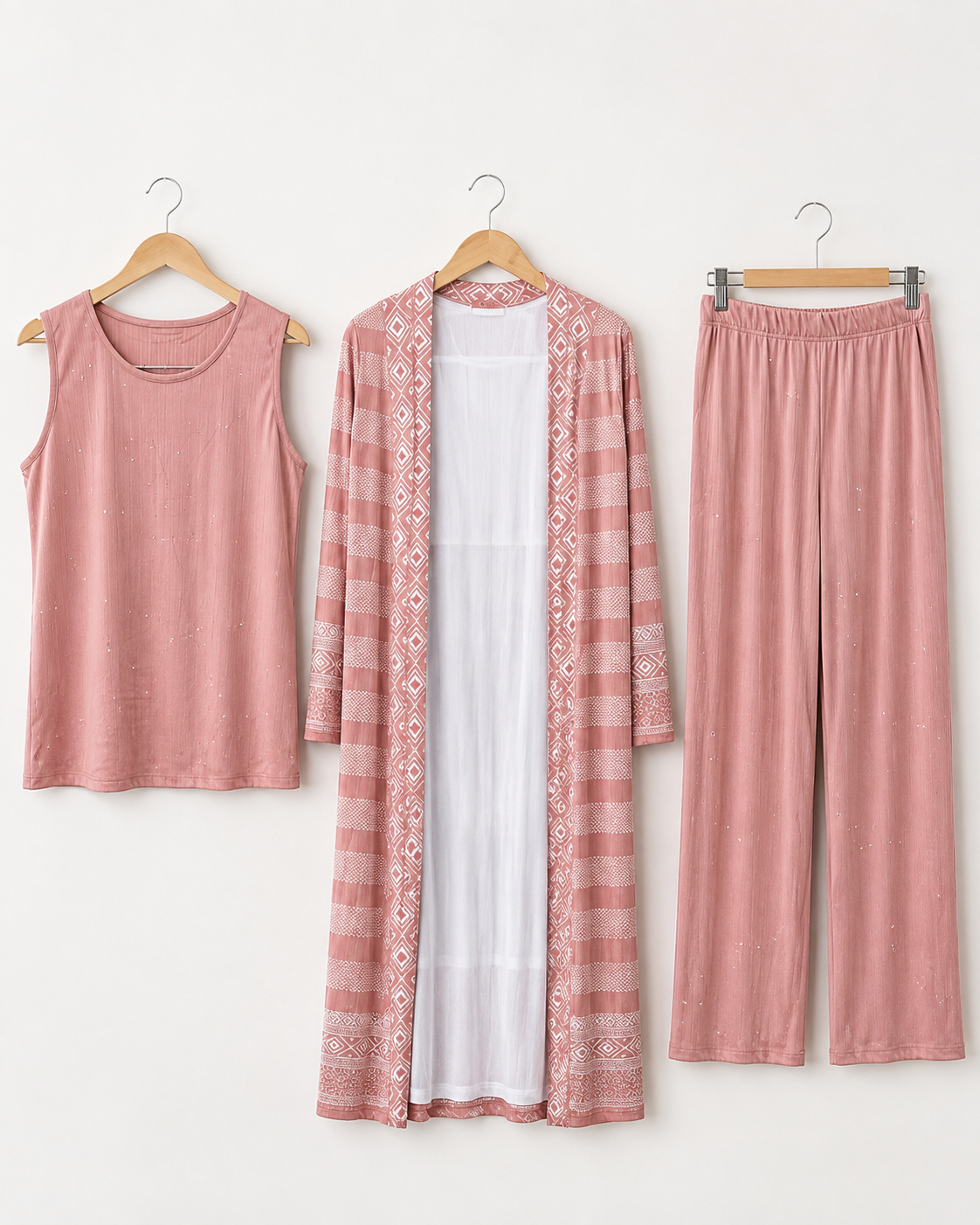 Three-piece -Embellished Shirt, Trouser And Cardigan Set - Dusty Rose