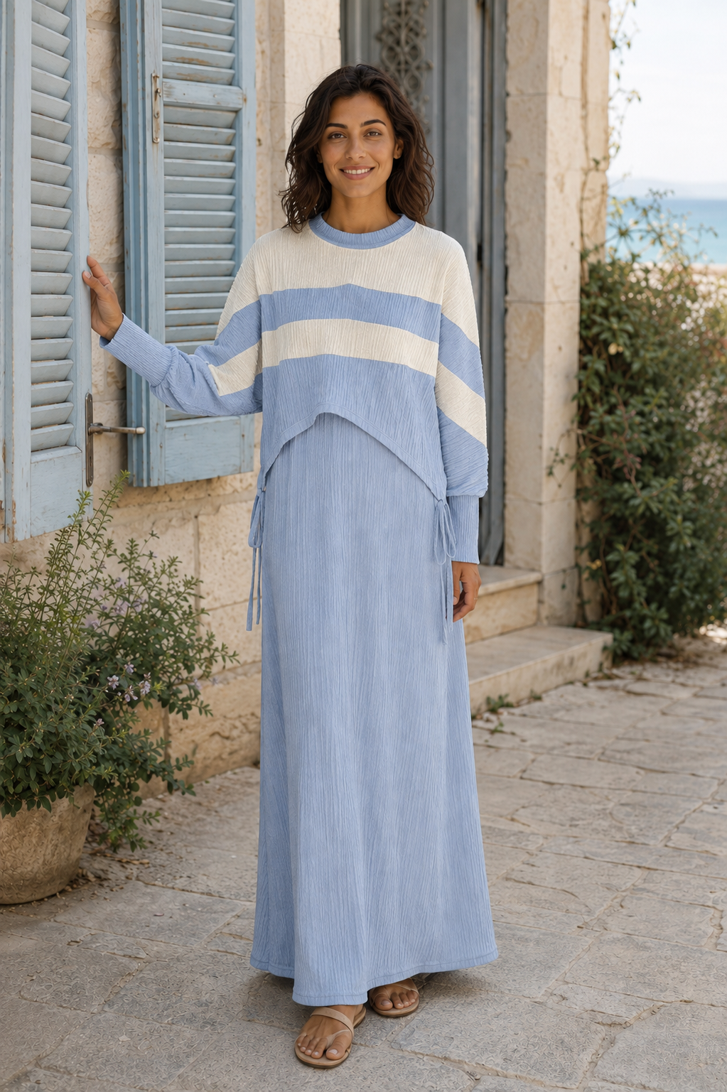 Two-Peice layered Color Block Dress - SKY BLUE