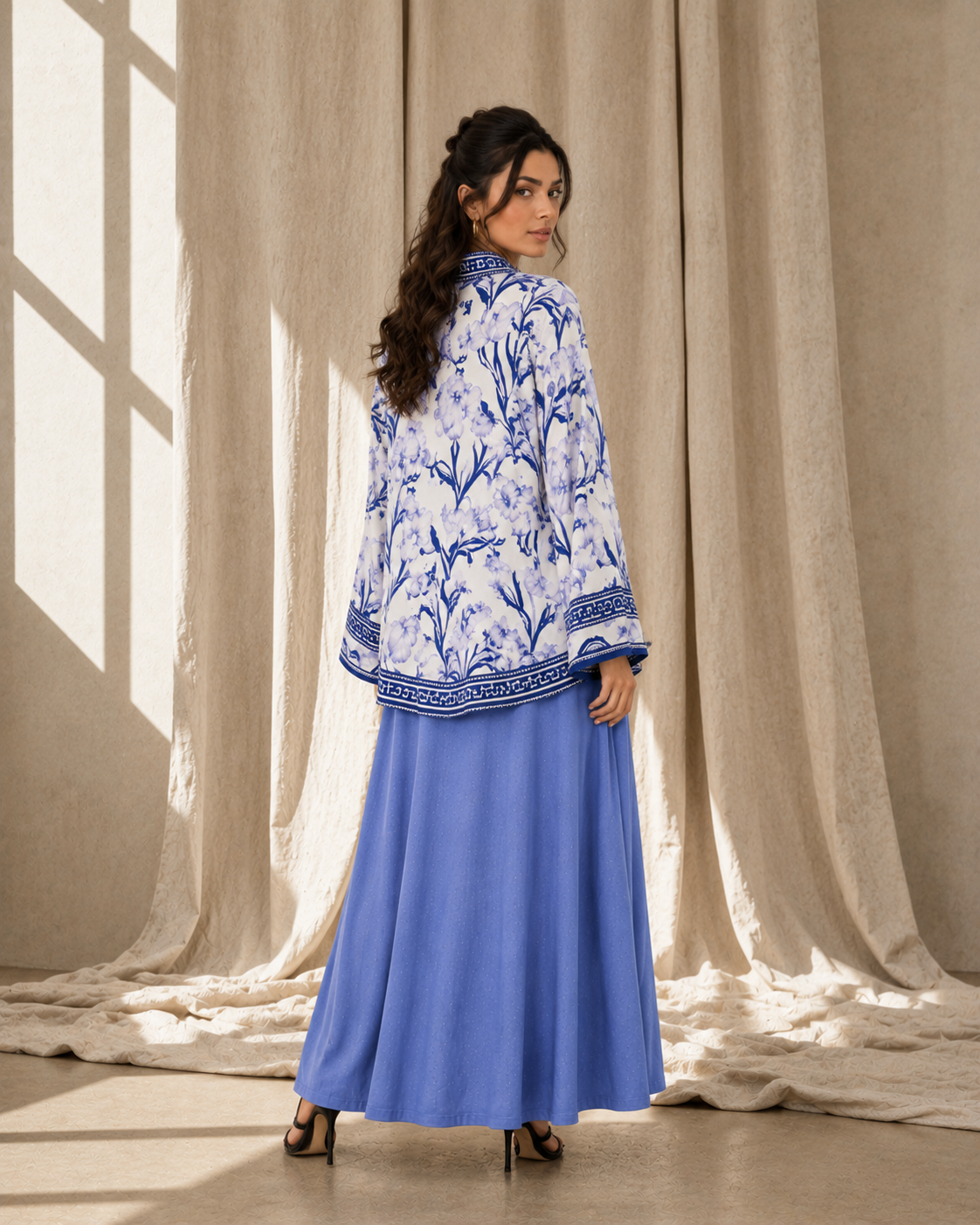 Two Piece Printed Cape With Embellished Inner & Necklace - ICY BLUE