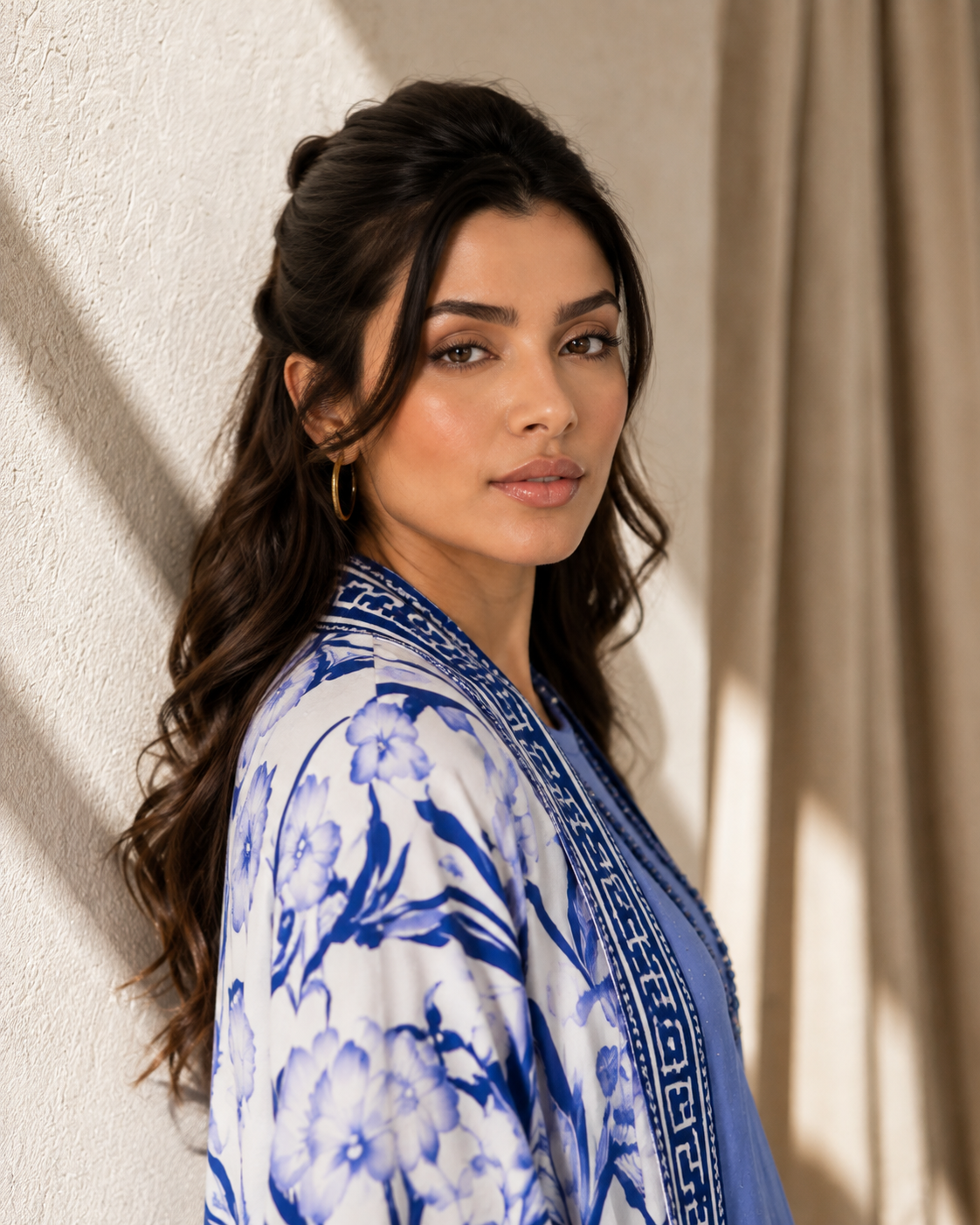 Two Piece Printed Cape With Embellished Inner & Necklace - ICY BLUE