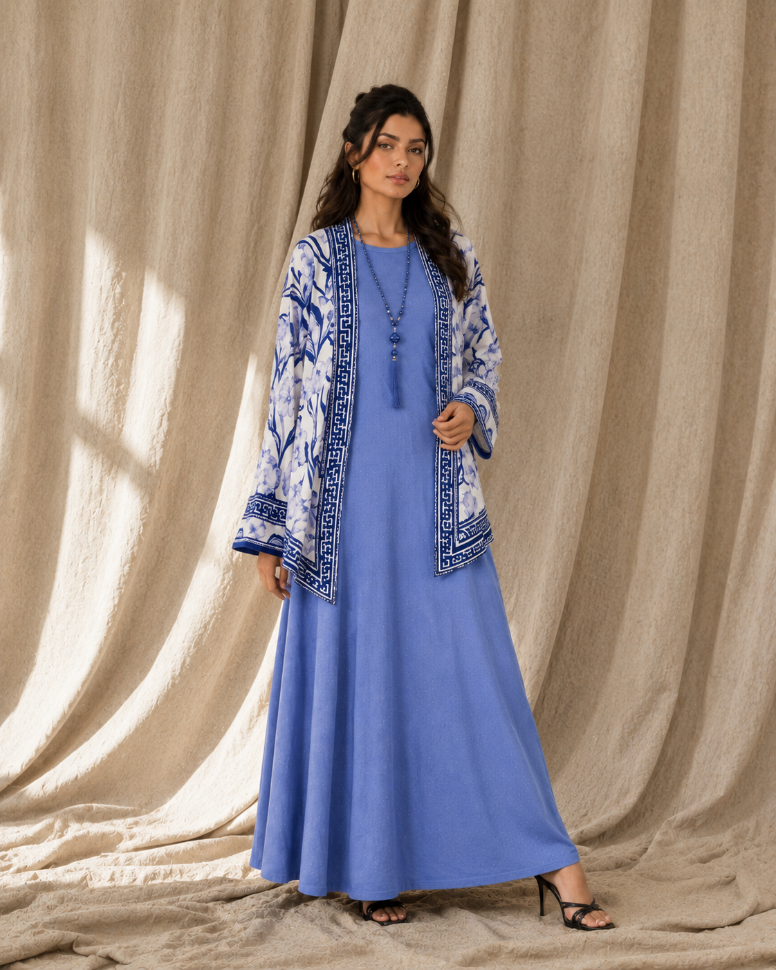 Two Piece Printed Cape With Embellished Inner & Necklace - ICY BLUE