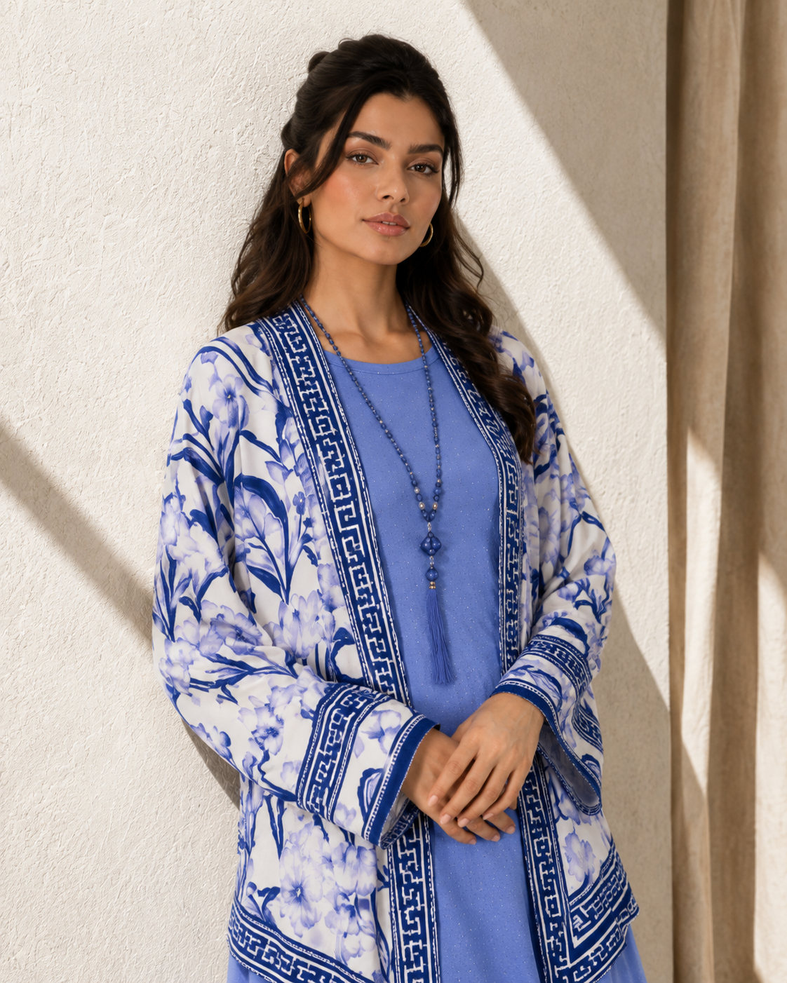 Two Piece Printed Cape With Embellished Inner & Necklace - ICY BLUE
