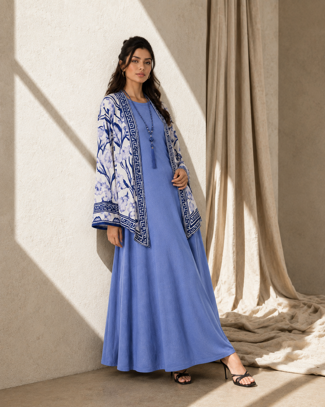 Two Piece Printed Cape With Embellished Inner & Necklace - ICY BLUE