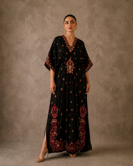 Embroidered Lawn Kaftan - Black