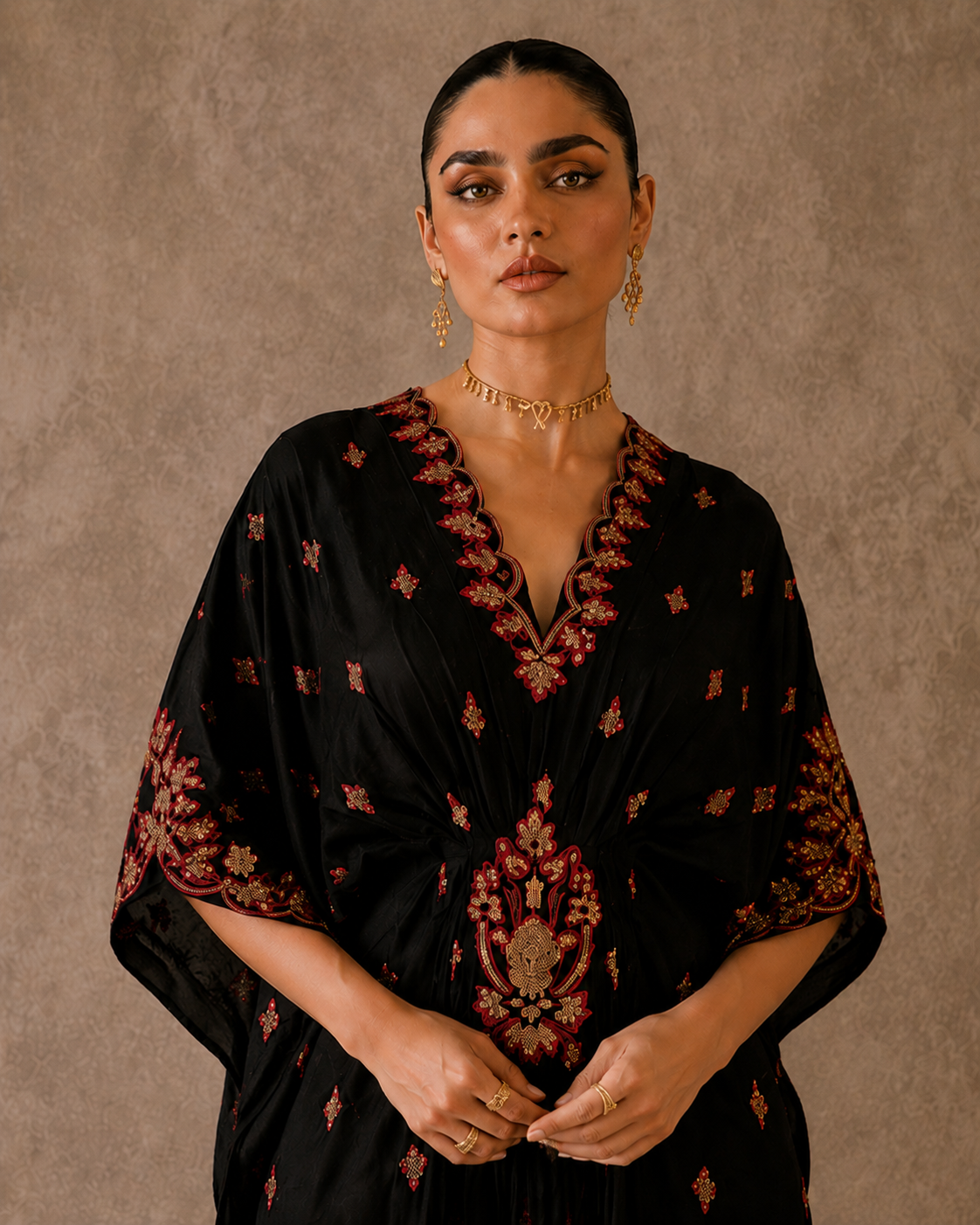 Embroidered Lawn Kaftan - Black