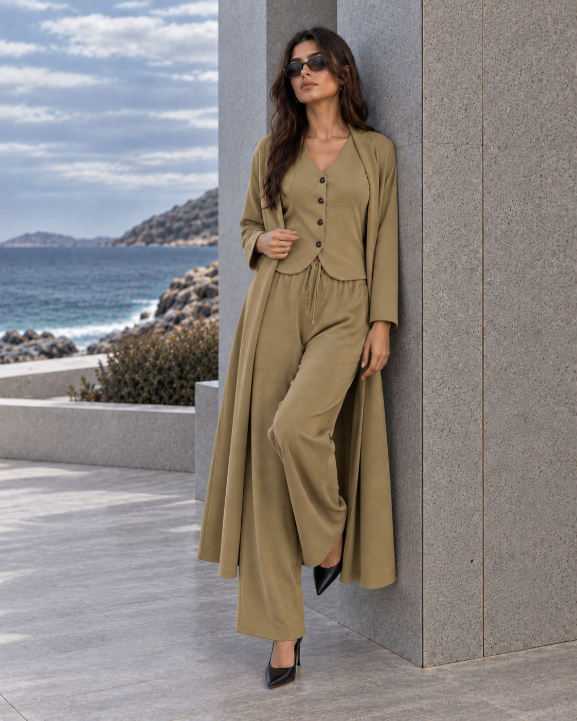 FW26 -Three-piece  Vest, Trousers & Long Coat Set - Khaki