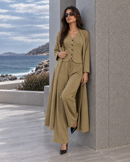 FW26 -Three-piece  Vest, Trousers & Long Coat Set - Khaki
