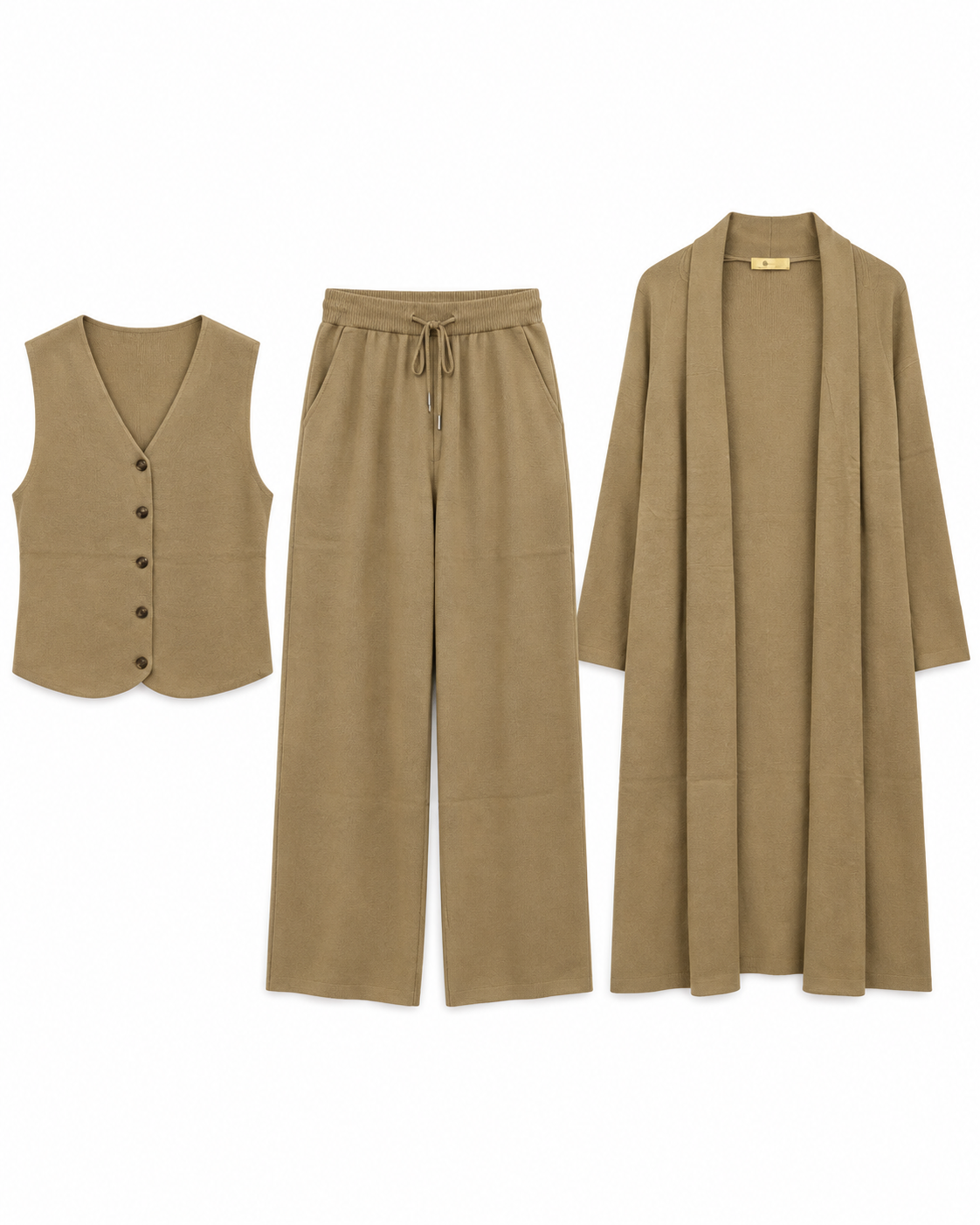 FW26 -Three-piece  Vest, Trousers & Long Coat Set - Khaki