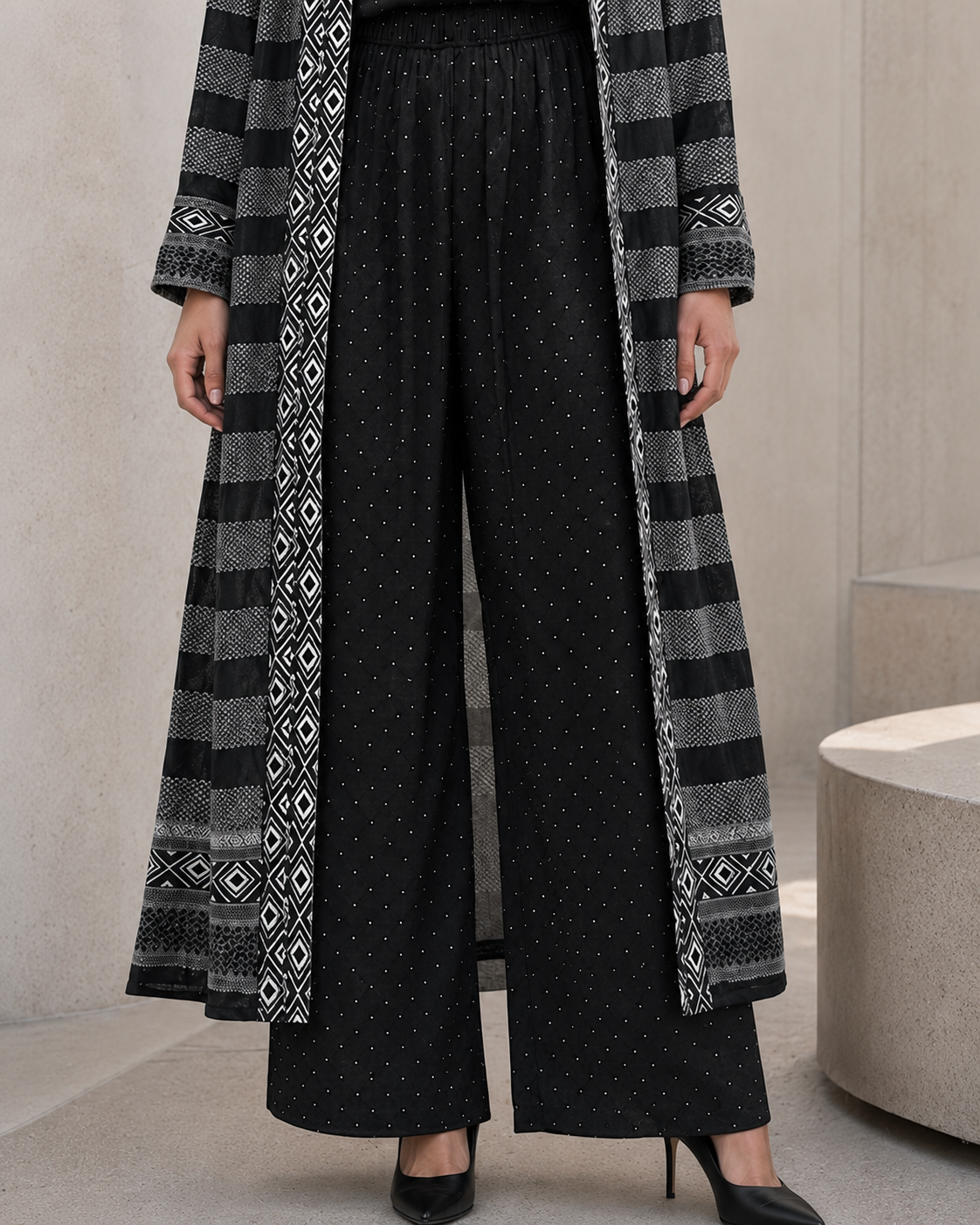 Three-piece -Embellished Shirt, Trouser And Cardigan Set -Black