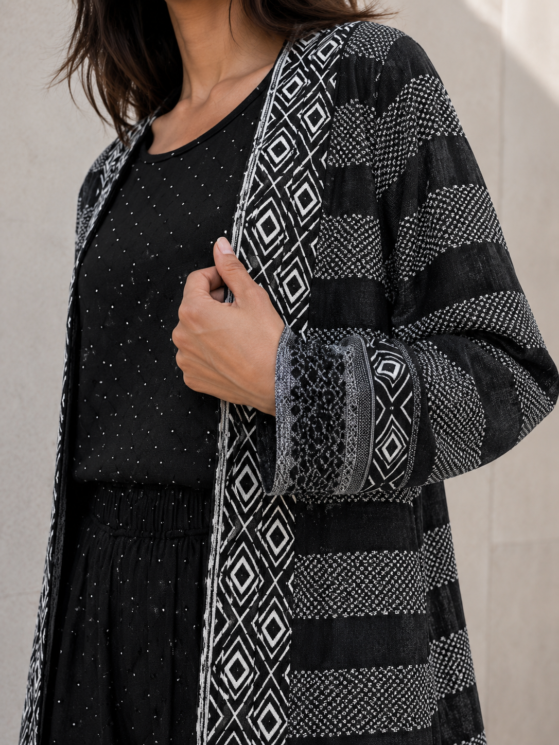 Three-piece -Embellished Shirt, Trouser And Cardigan Set -Black