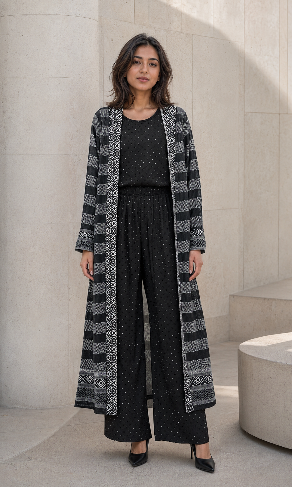 Three-piece -Embellished Shirt, Trouser And Cardigan Set -Black