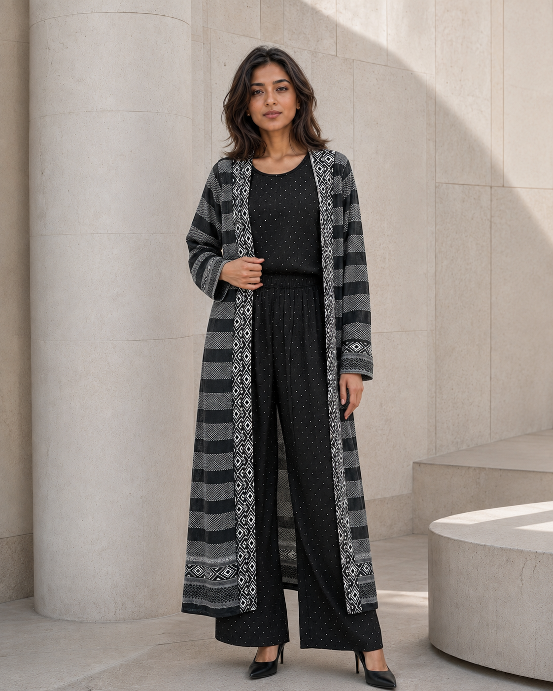 Three-piece -Embellished Shirt, Trouser And Cardigan Set -Black