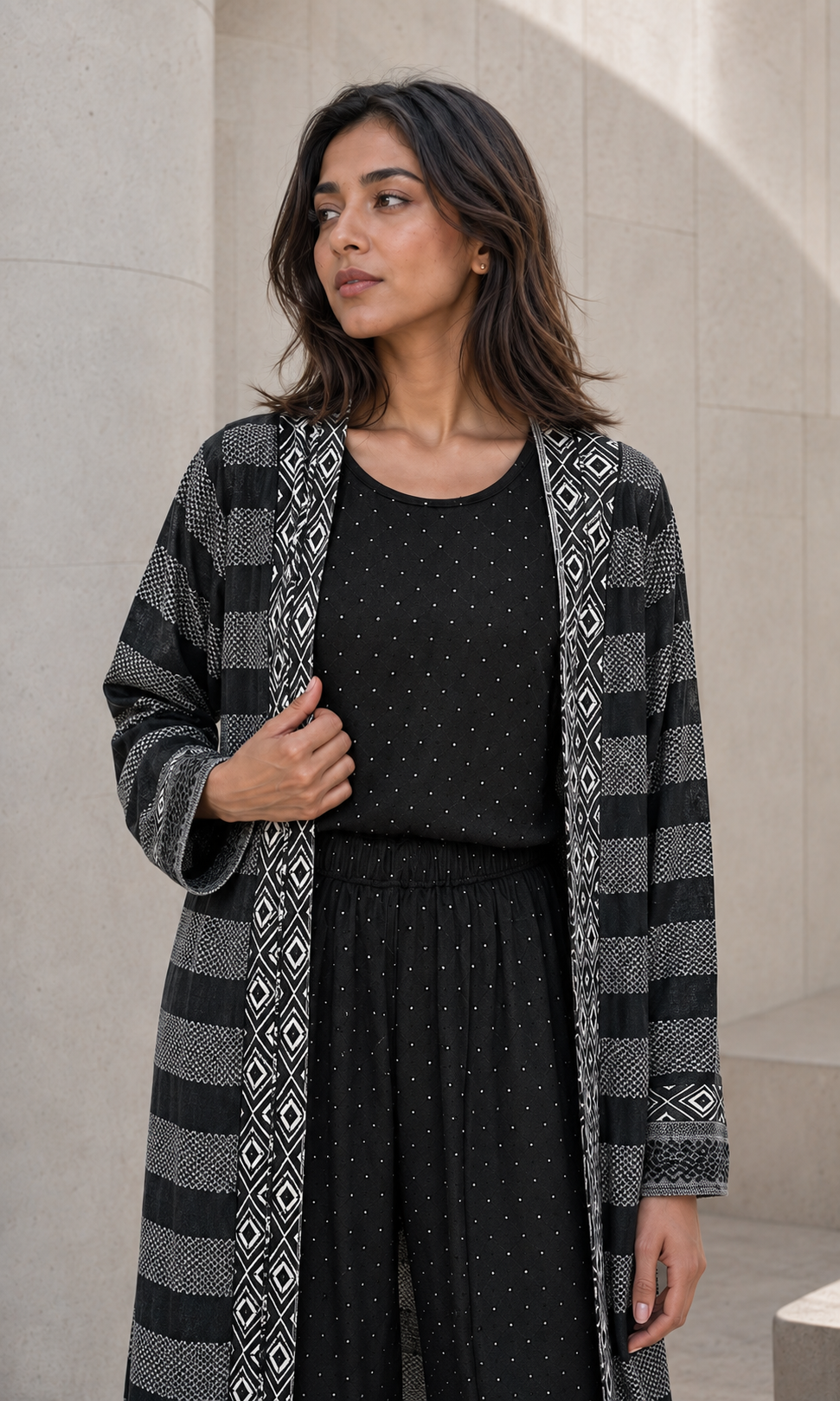 Three-piece -Embellished Shirt, Trouser And Cardigan Set -Black