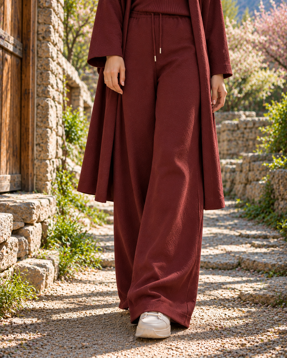 FW26 -Three-piece Long Coat  With Crew Neck Inner & Trouser - Maroon