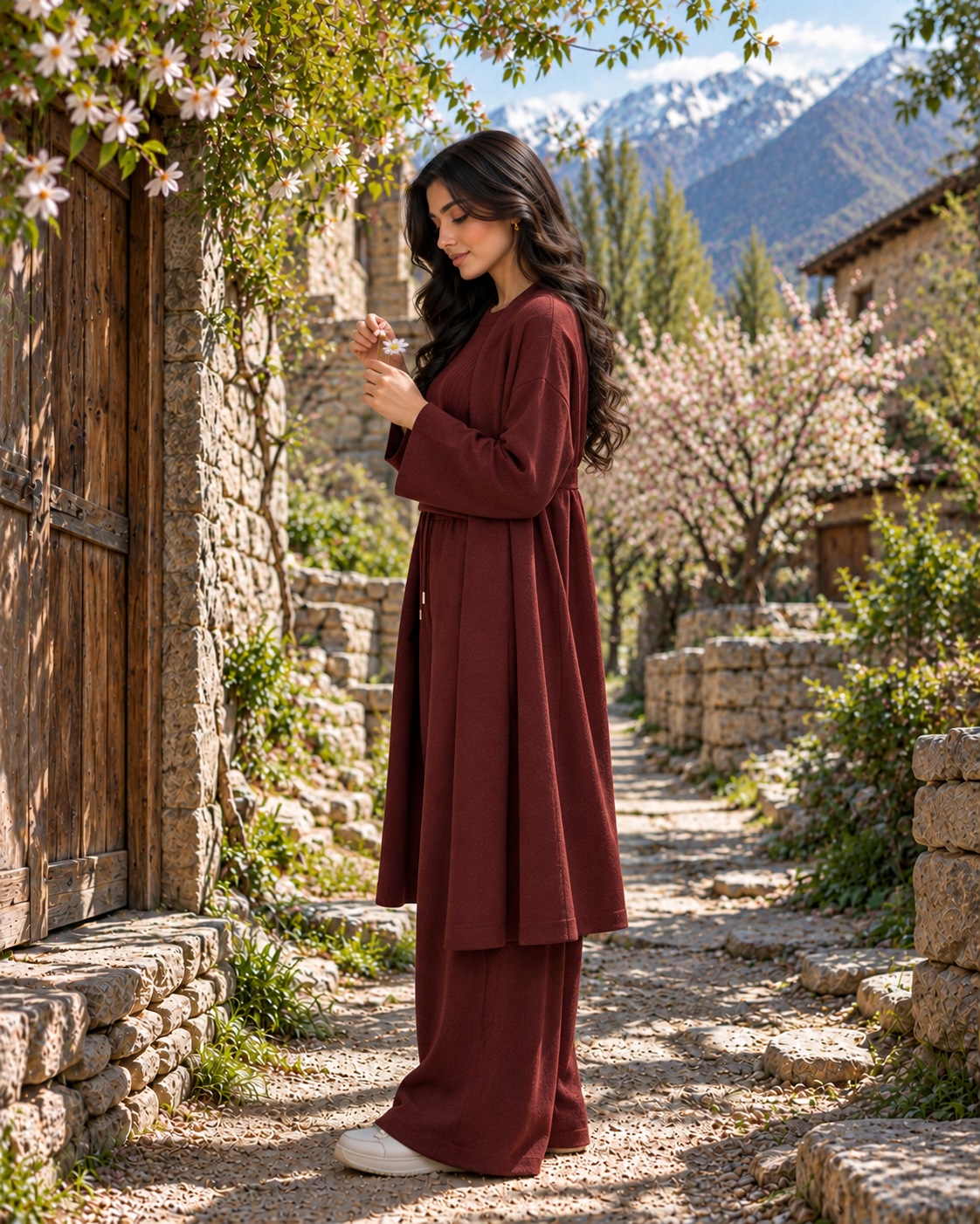 FW26 -Three-piece Long Coat  With Crew Neck Inner & Trouser - Maroon