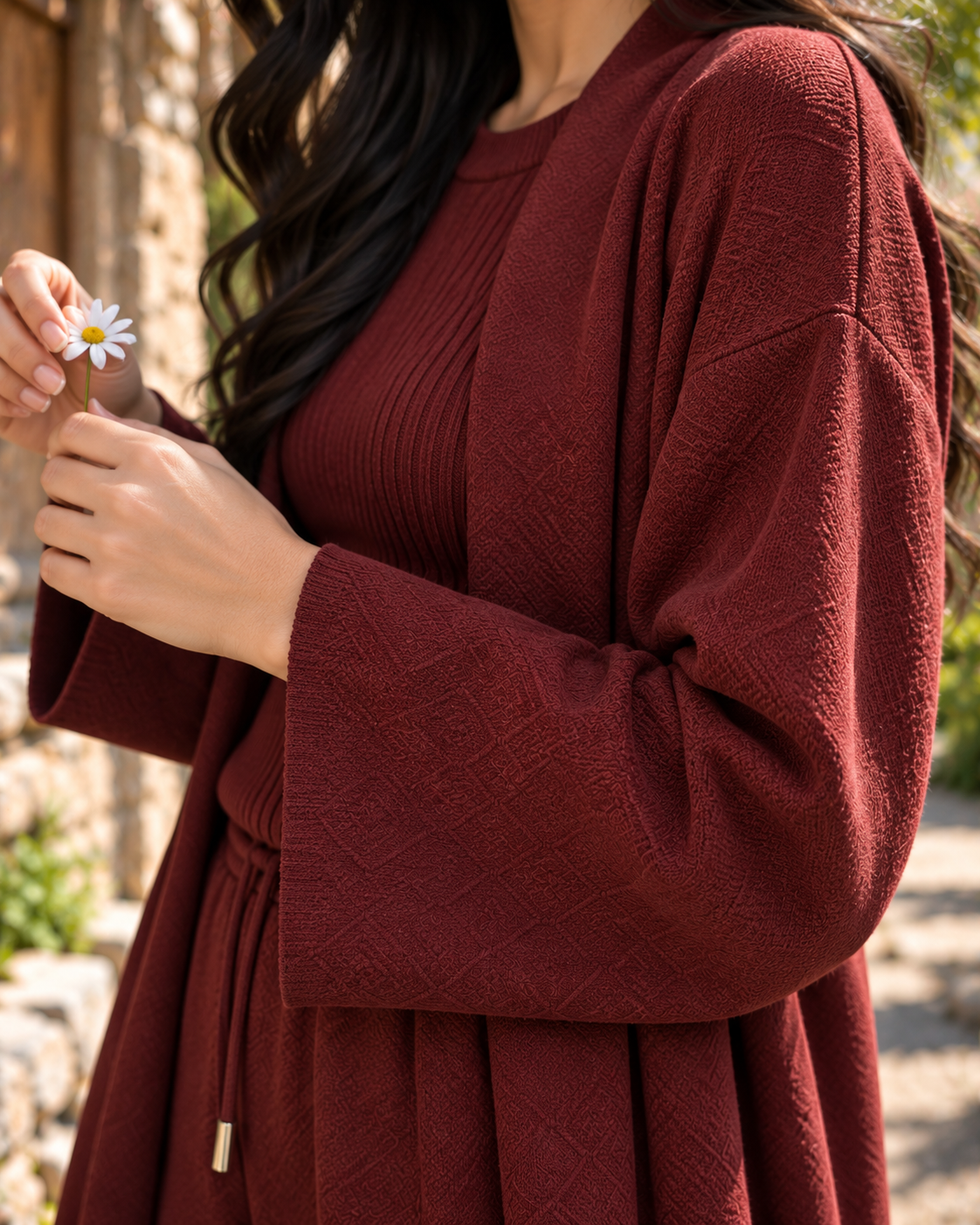 FW26 -Three-piece Long Coat  With Crew Neck Inner & Trouser - Maroon