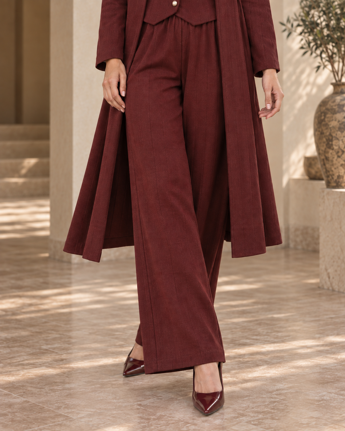 FW26 - Three-piece Vertical Line Coat, Waistcoat & Trouser - Maroon