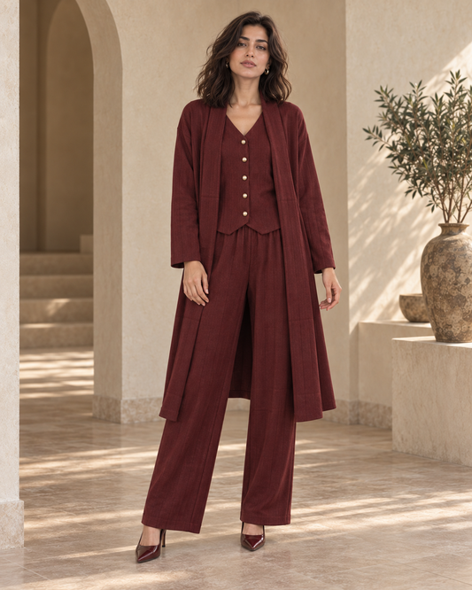 FW26 - Three-piece Vertical Line Coat, Waistcoat & Trouser - Maroon