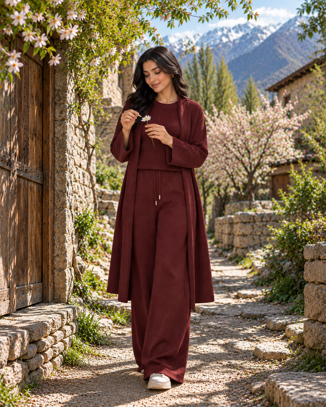 FW26 -Three-piece Long Coat  With Crew Neck Inner & Trouser - Maroon