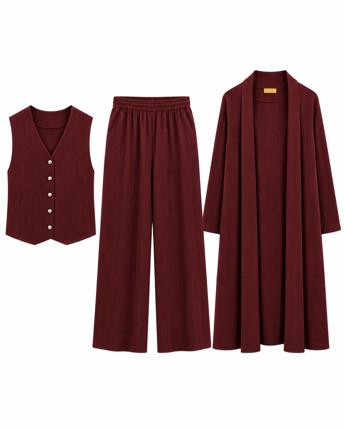 FW26 - Three-piece Vertical Line Coat, Waistcoat & Trouser - Maroon