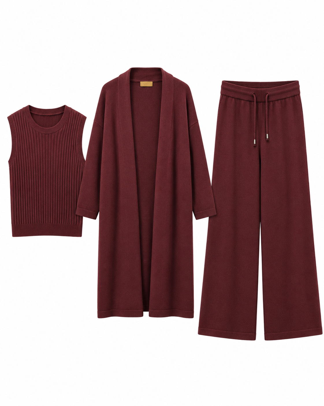 FW26 -Three-piece Long Coat  With Crew Neck Inner & Trouser - Maroon