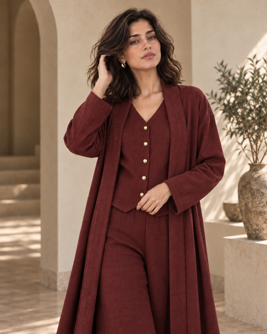 FW26 - Three-piece Vertical Line Coat, Waistcoat & Trouser - Maroon