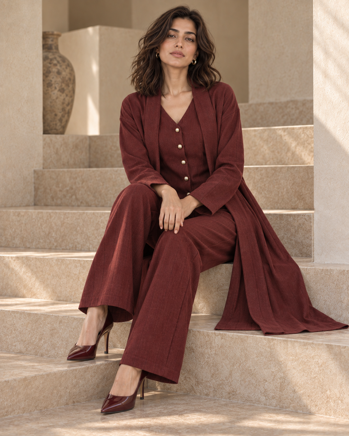FW26 - Three-piece Vertical Line Coat, Waistcoat & Trouser - Maroon