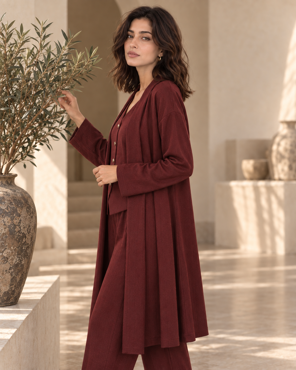 FW26 - Three-piece Vertical Line Coat, Waistcoat & Trouser - Maroon