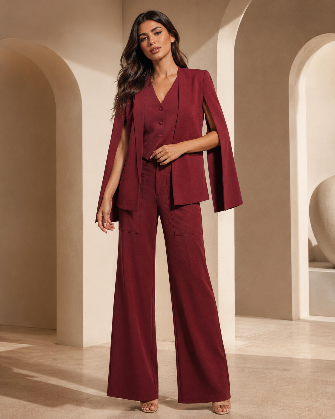 Three-piece Blazer, Waist coat And Trouser Set - Maroon
