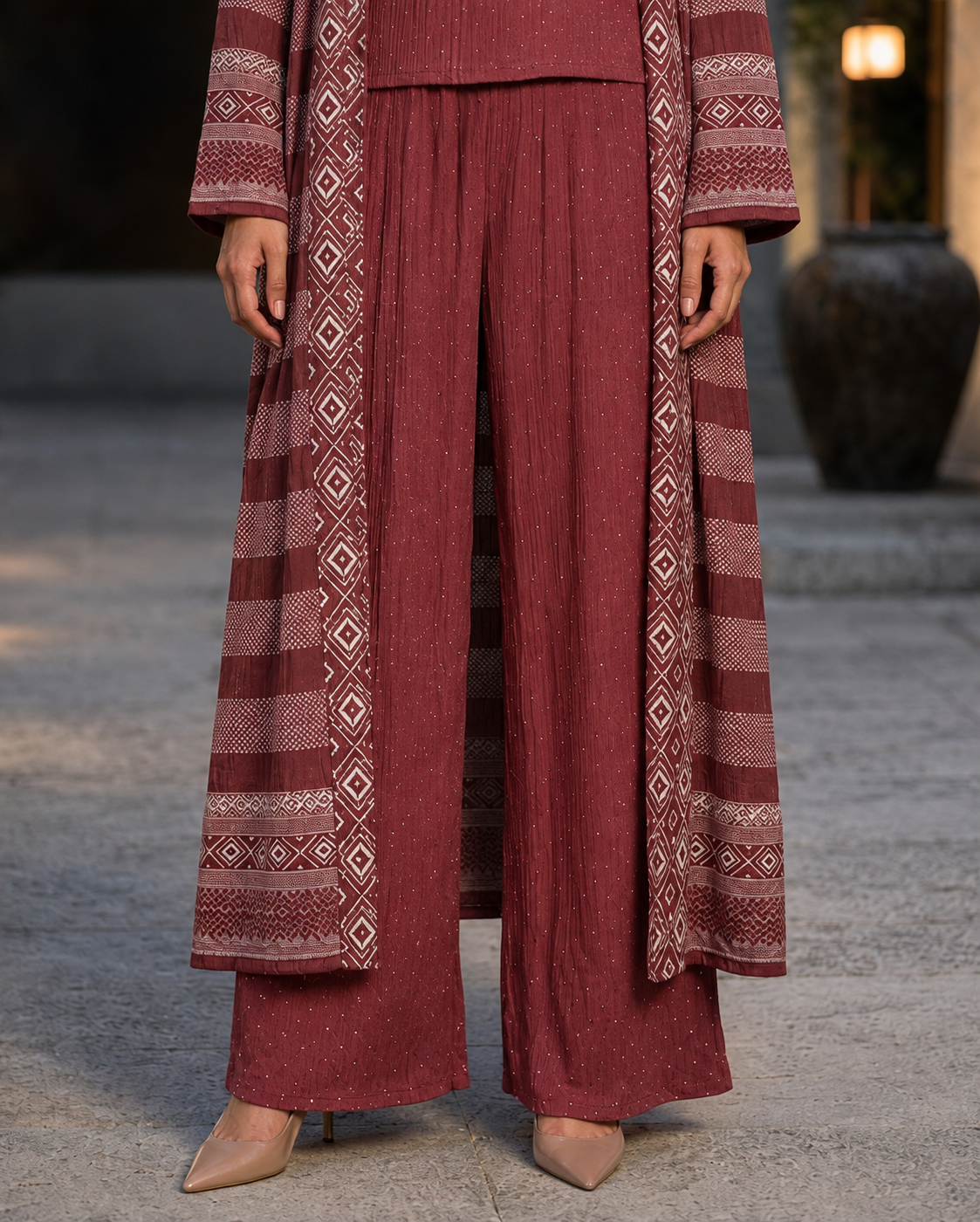 Three-piece -Embellished Shirt, Trouser And Cardigan Set -Maroon