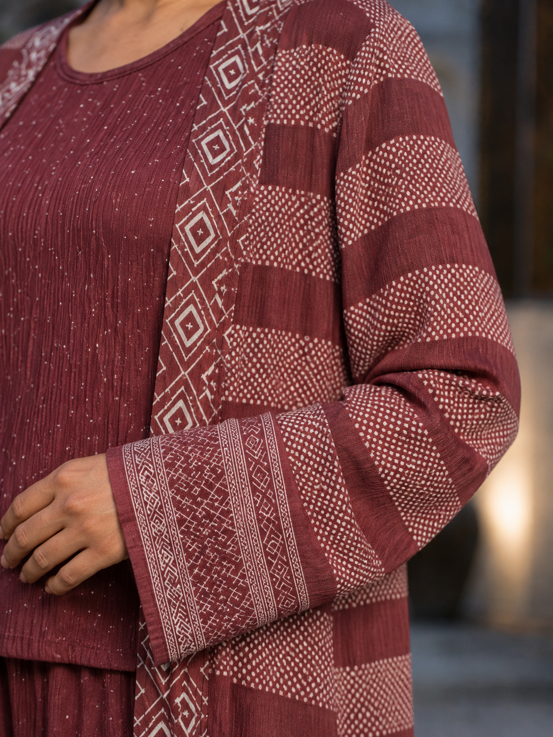 Three-piece -Embellished Shirt, Trouser And Cardigan Set -Maroon
