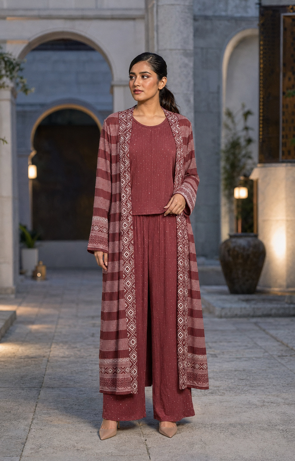 Three-piece -Embellished Shirt, Trouser And Cardigan Set -Maroon