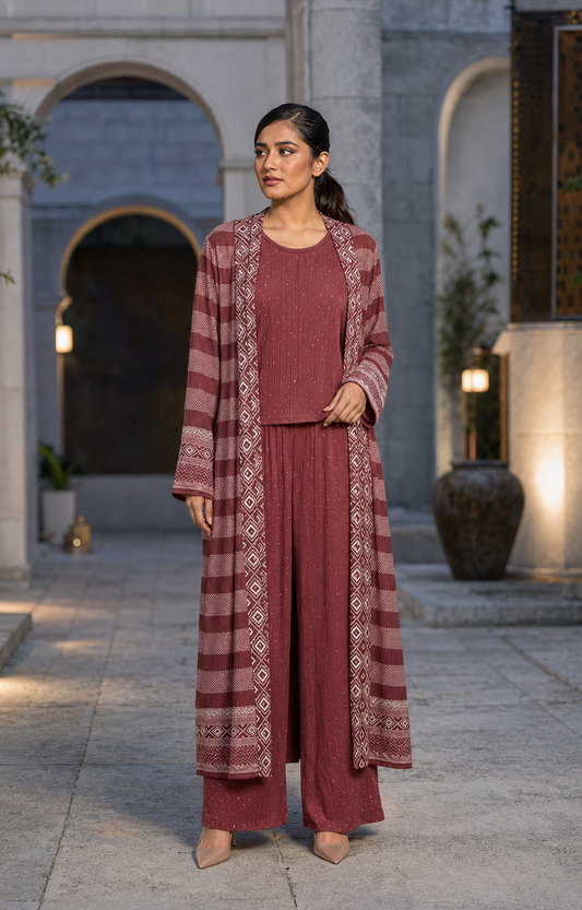 Three-piece -Embellished Shirt, Trouser And Cardigan Set -Maroon