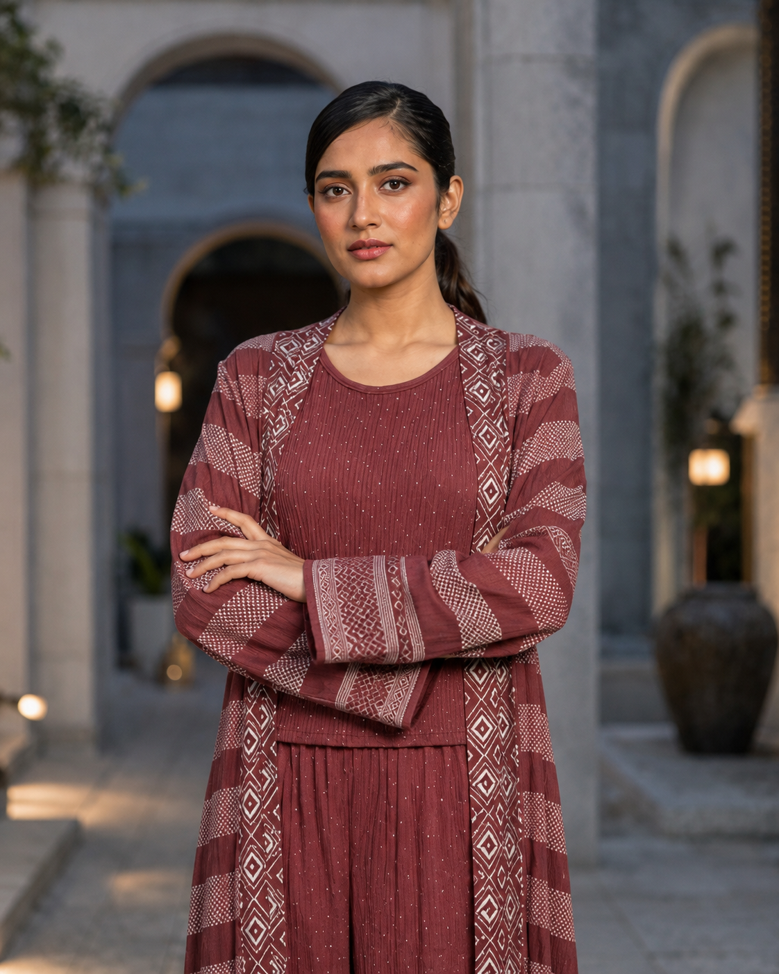 Three-piece -Embellished Shirt, Trouser And Cardigan Set -Maroon