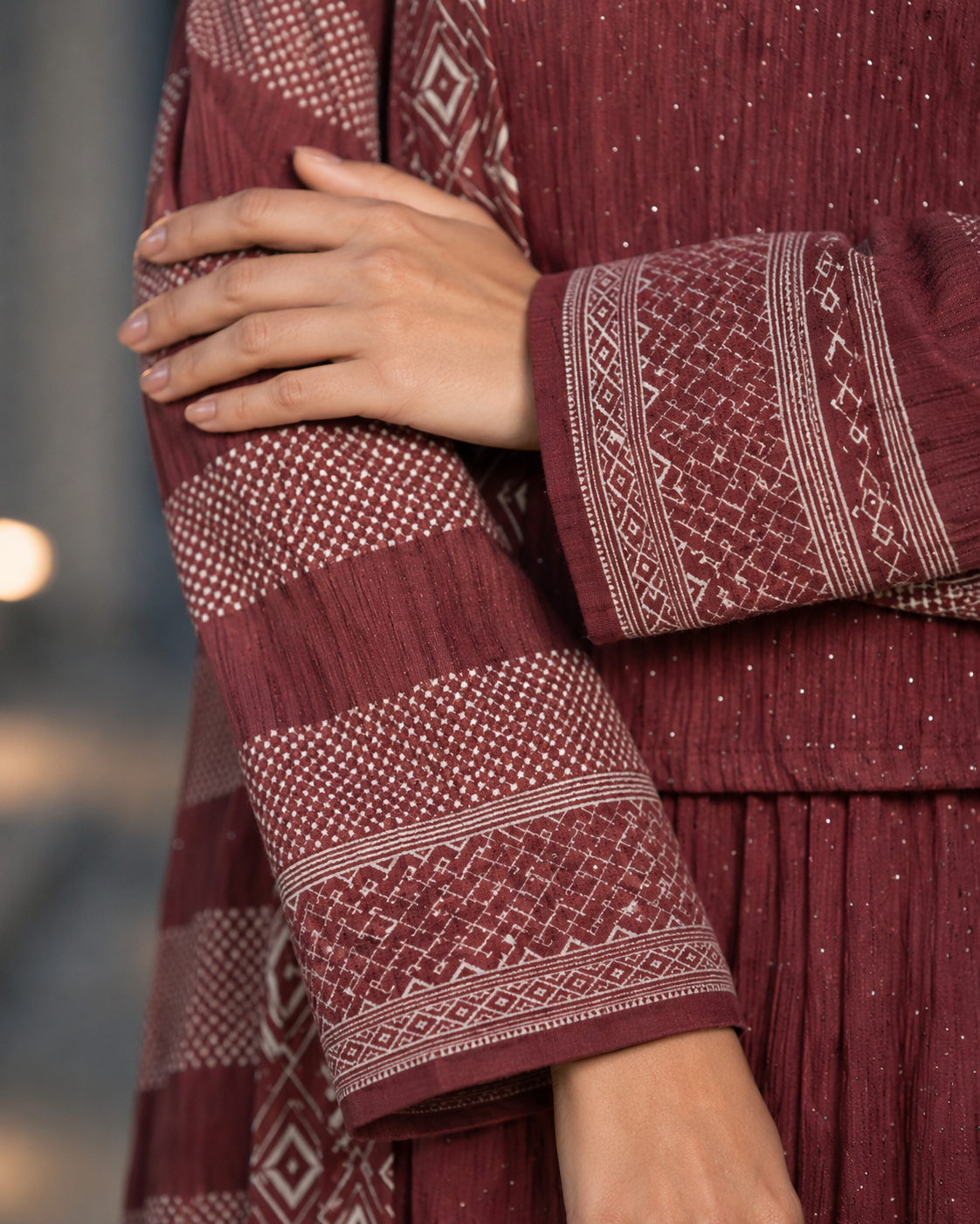 Three-piece -Embellished Shirt, Trouser And Cardigan Set -Maroon