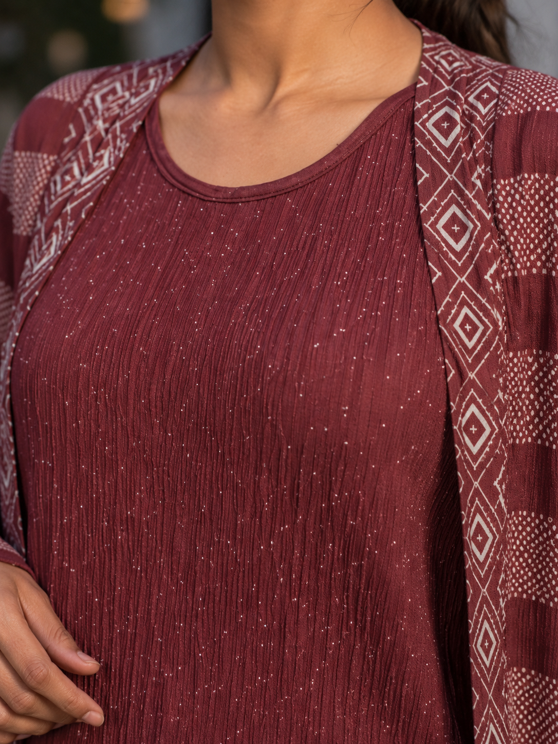 Three-piece -Embellished Shirt, Trouser And Cardigan Set -Maroon