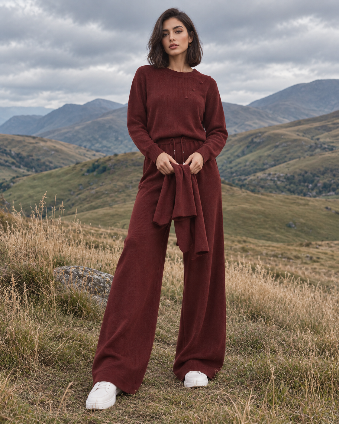 FW26 - Two-Piece Sweater Suit With Attachable Scarf - Maroon
