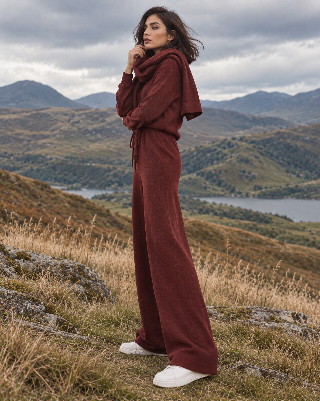 FW26 - Two-Piece Sweater Suit With Attachable Scarf - Maroon