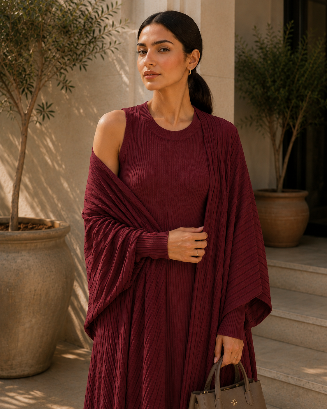 Two-piece Stripped Cape and Inner Set - Maroon