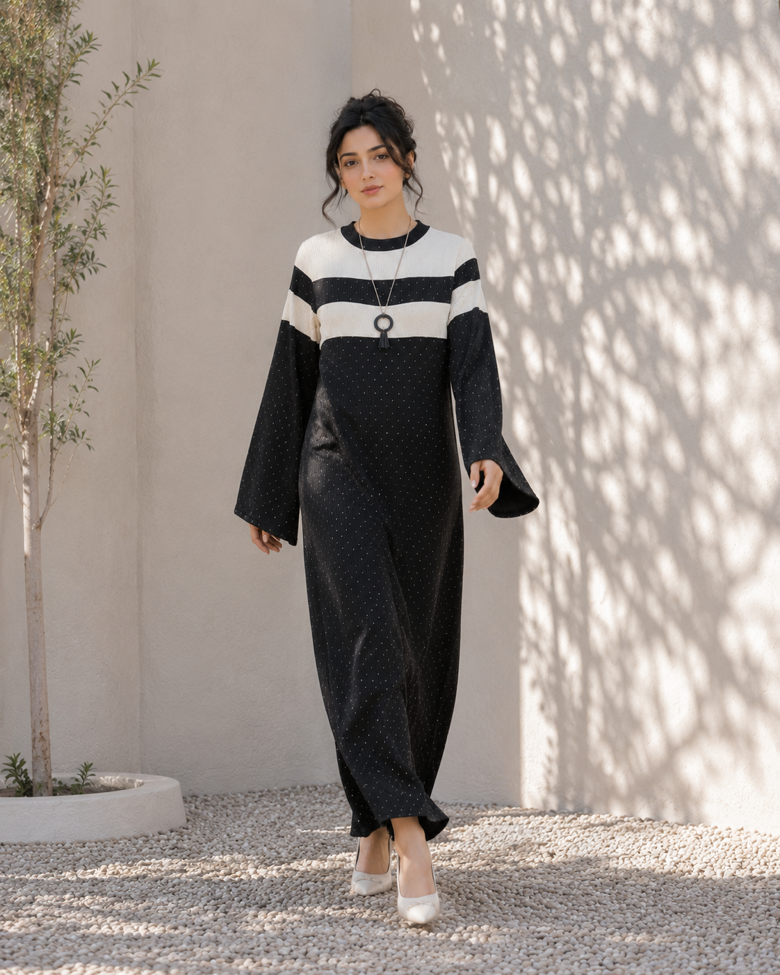 One-Peice Embellished Color Block Dress - Black
