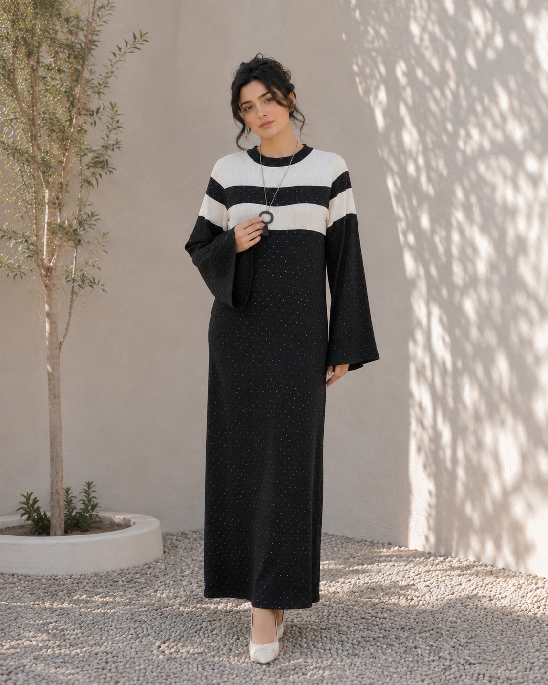 One-Peice Embellished Color Block Dress - Black