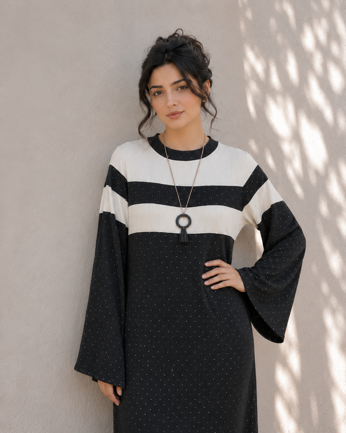 One-Peice Embellished Color Block Dress - Black