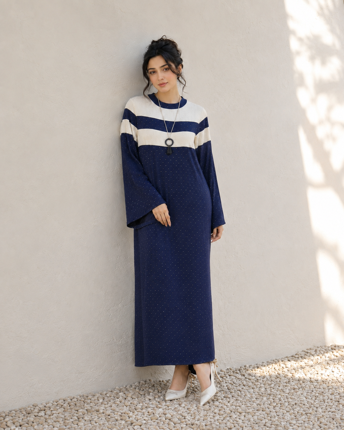 One-Peice Embellished Color Block Dress - Blue