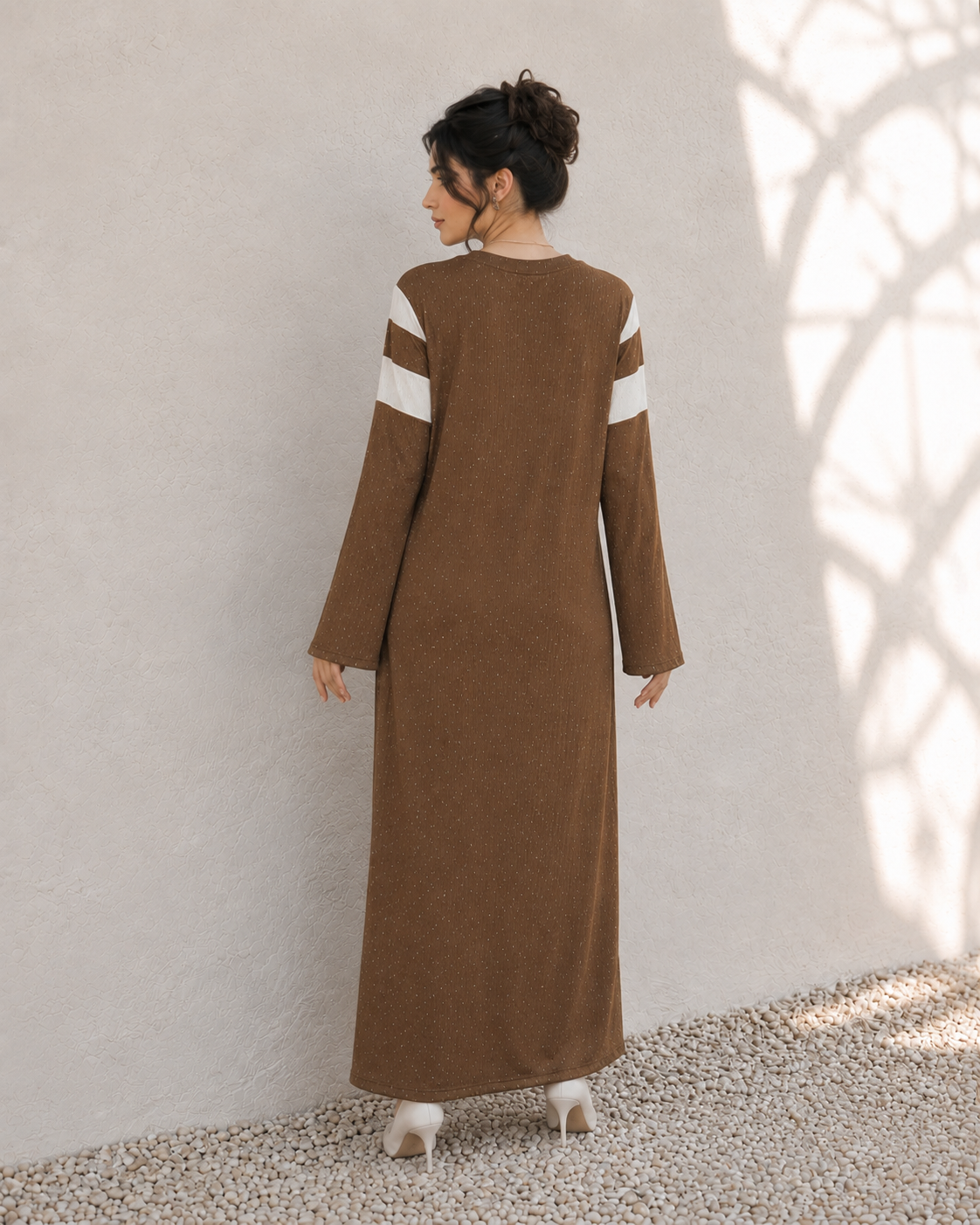 One-Peice Embellished Color Block Dress - Brown
