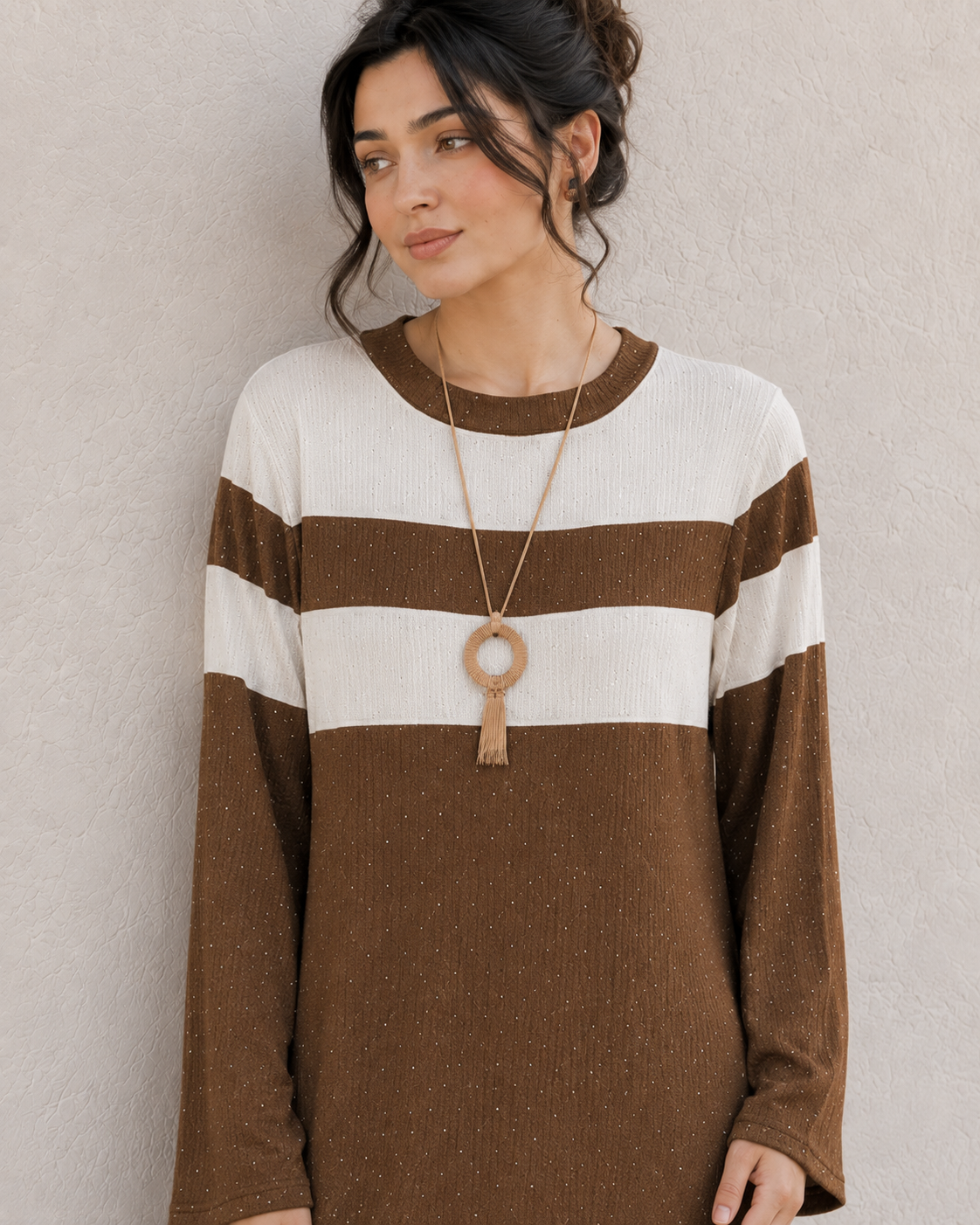 One-Peice Embellished Color Block Dress - Brown