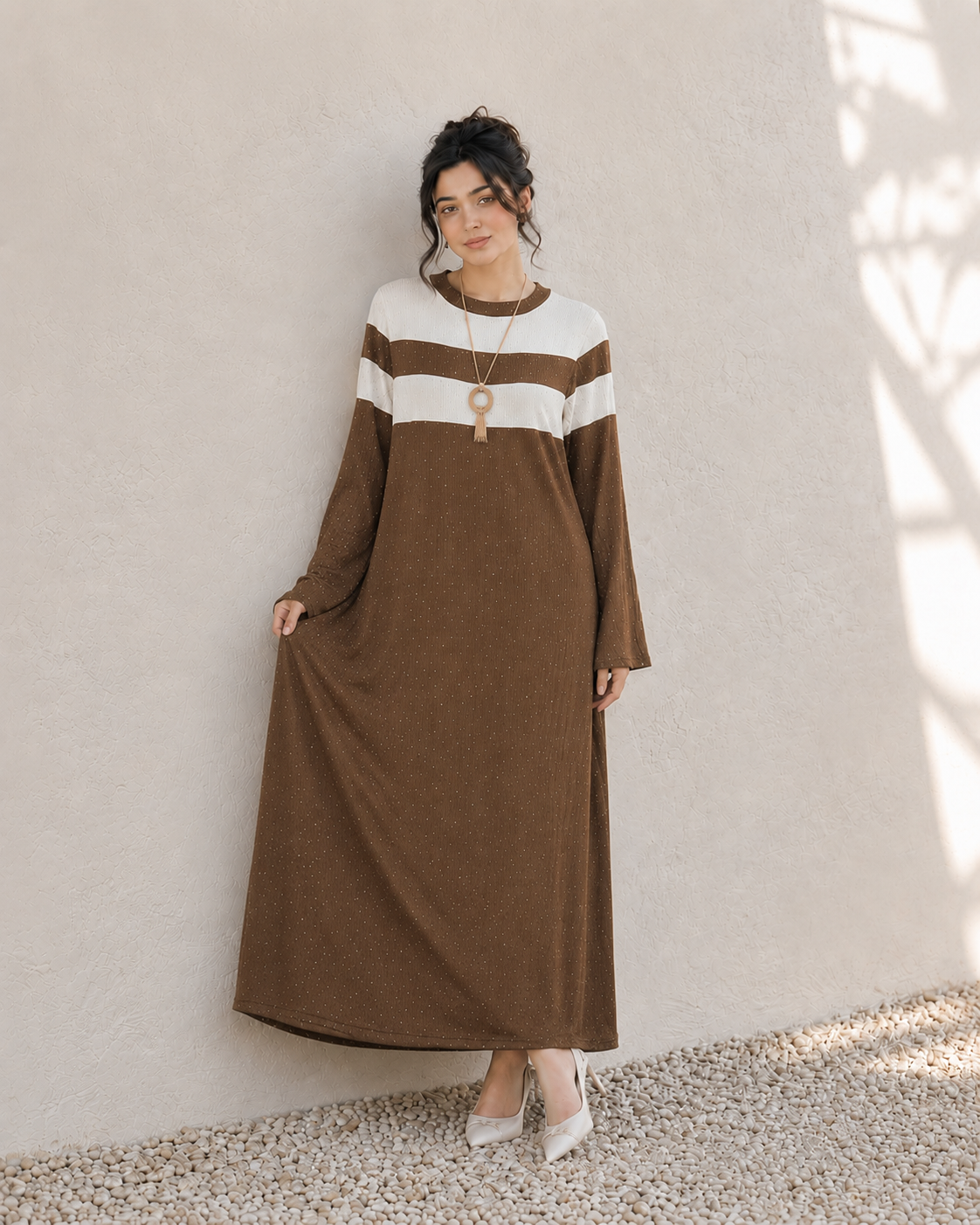 One-Peice Embellished Color Block Dress - Brown