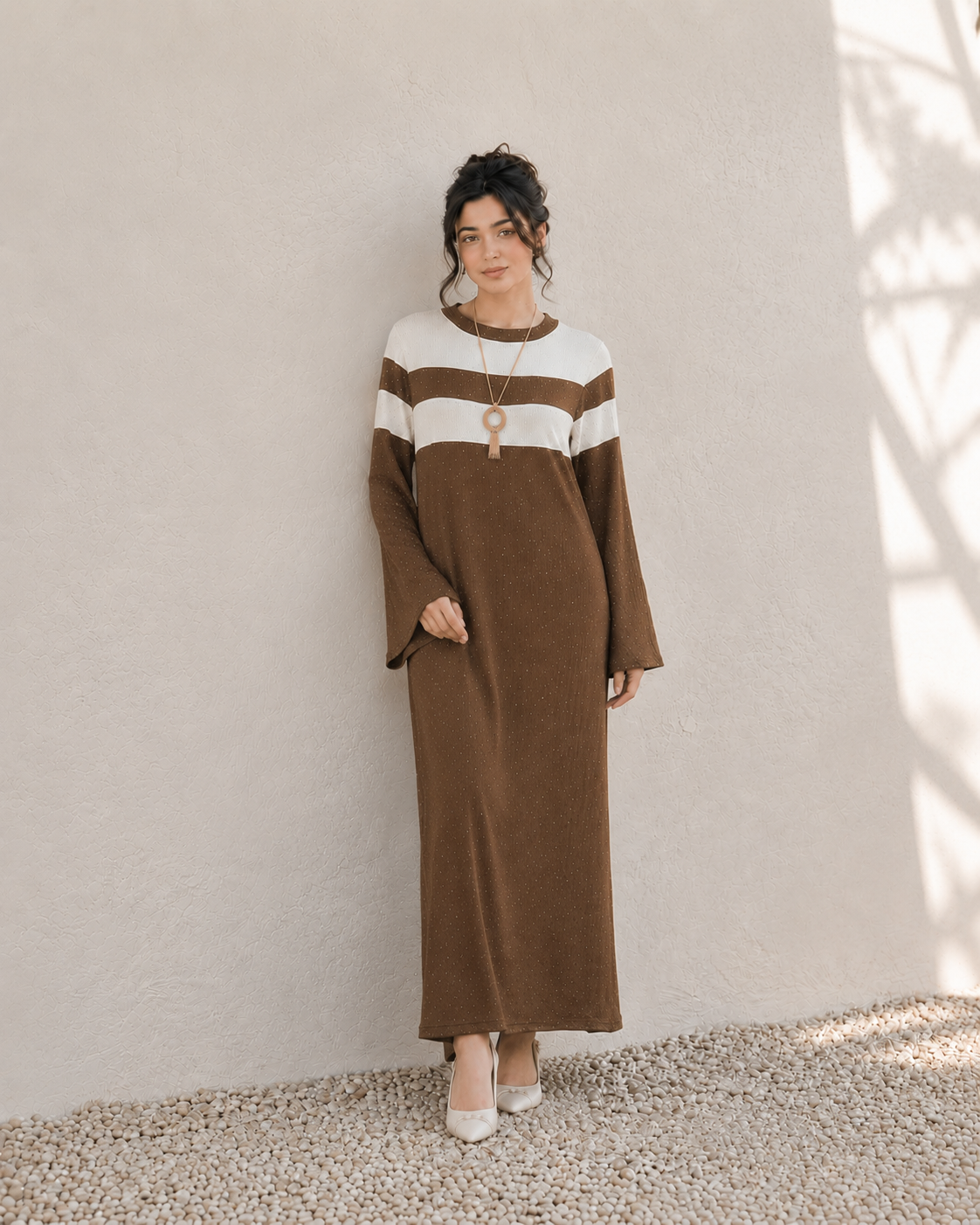 One-Peice Embellished Color Block Dress - Brown